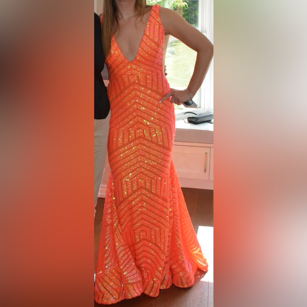 Jovani Orange Sequin V-Neck Prom Gown - Picture 2 of 5